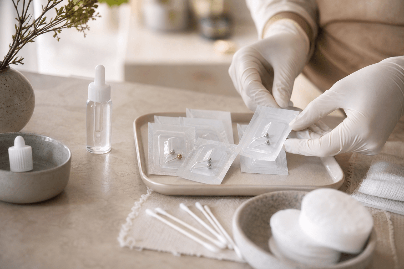 Sterile starter earrings and sensitive-skin aftercare supplies arranged on a med spa tray.